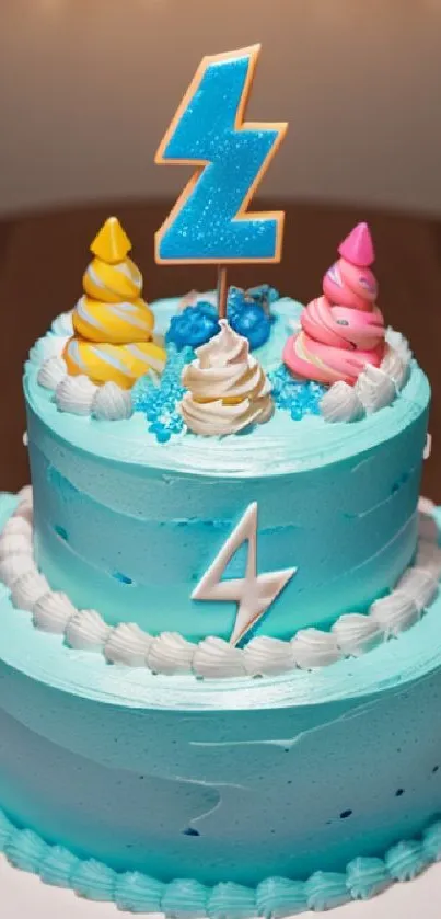 Festive blue birthday cake with colorful decorations.