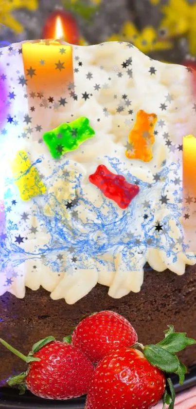Festive birthday cake with candles and yellow flowers beside a teacup.