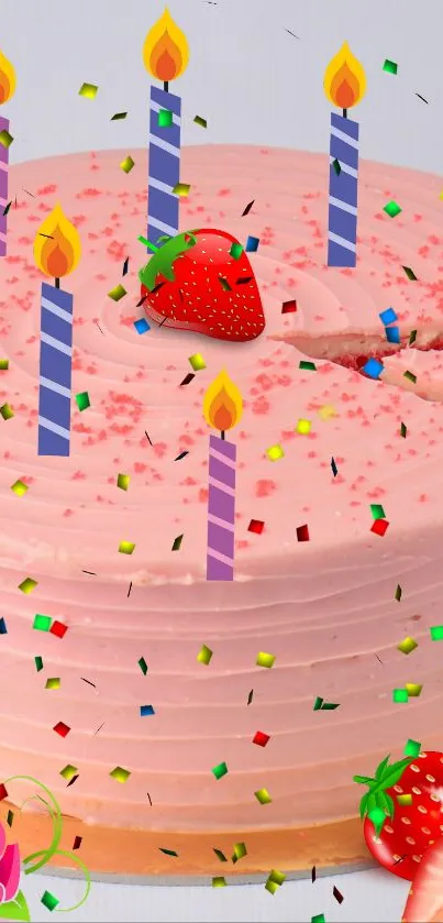 Pink birthday cake with candles and strawberries.