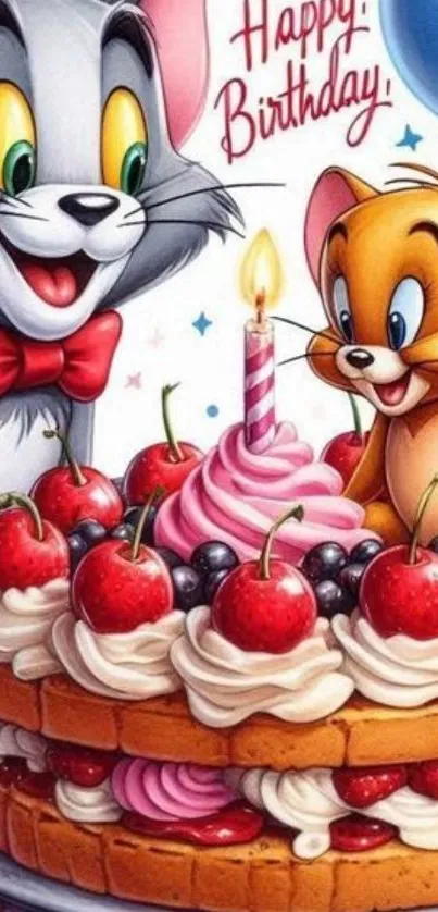 Cartoon characters celebrate with cake.