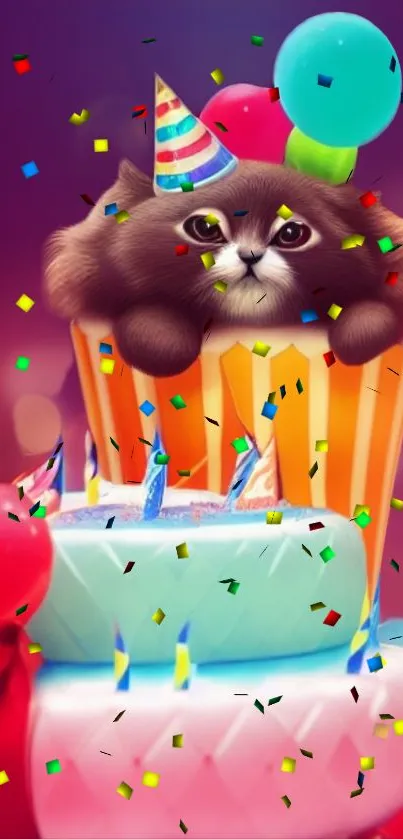 Adorable cat in a cupcake with festive balloons and confetti, perfect for party vibes.