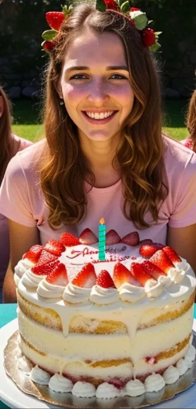 Smiling friends celebrate with a strawberry cake outdoors.