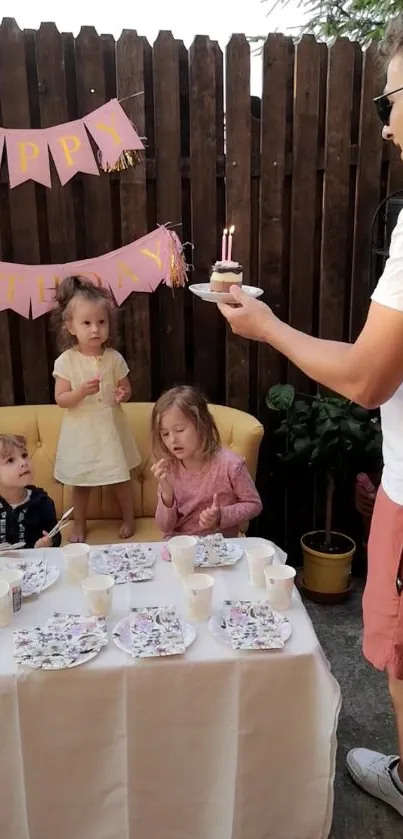 Children enjoying a birthday celebration with cake and decorations.