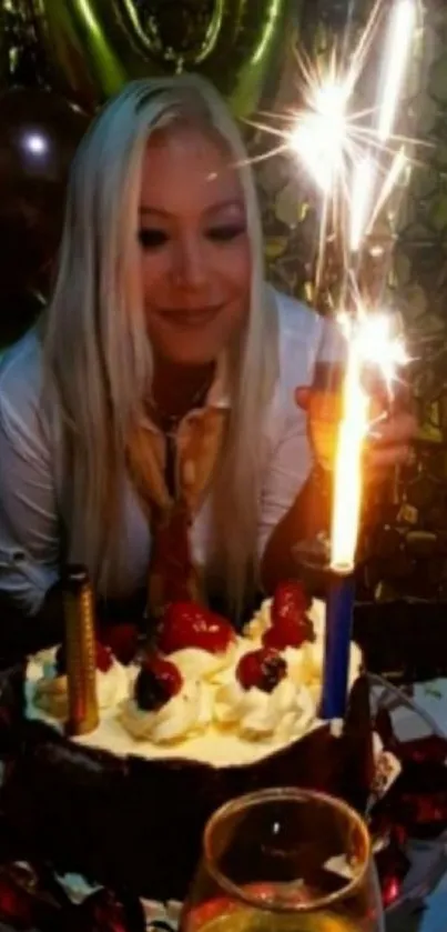 Woman celebrating birthday with sparklers and cake.