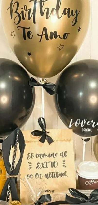 Gold and black birthday balloons for a festive celebration.