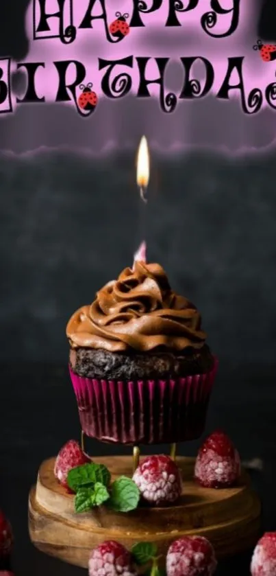 Happy birthday cupcake with candle and raspberries on dark background.