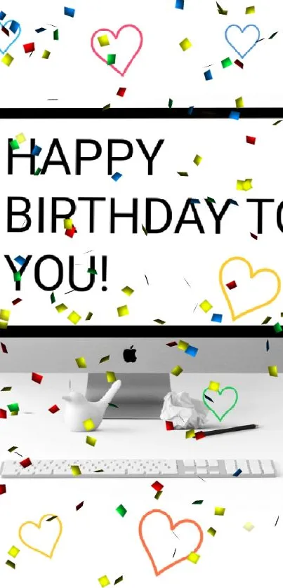 Desktop wallpaper with birthday greeting and colorful hearts.