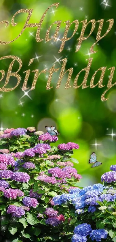 Birthday greeting with hydrangeas and sparkling text.