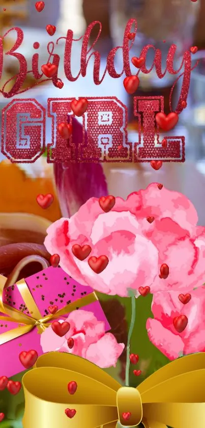 Vibrant Birthday Girl wallpaper with pink flowers, hearts, and gifts.