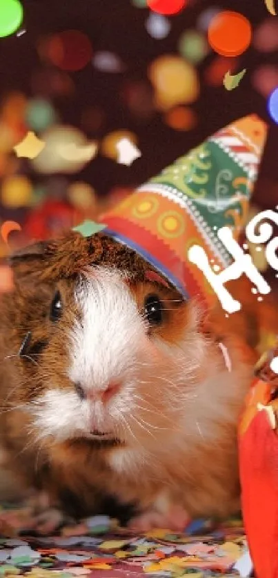 Guinea pig in party hat with gifts and confetti, birthday theme wallpaper.
