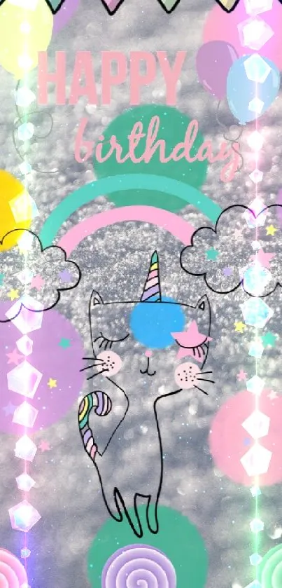 Colorful unicorn birthday wallpaper with pastel bunting and festive theme.