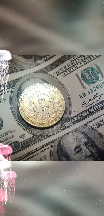 Bitcoin on dollar bills with jellyfish design background.