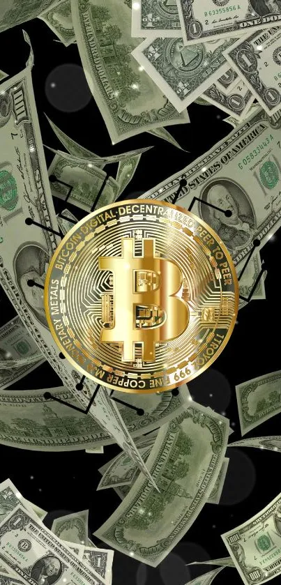 Bitcoin surrounded by falling dollar bills on a black background.