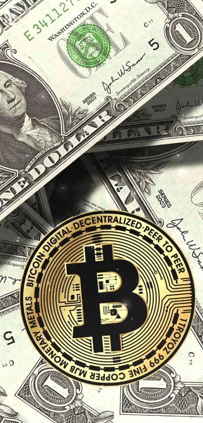 Mobile wallpaper of Bitcoin symbol on dollar bills background.