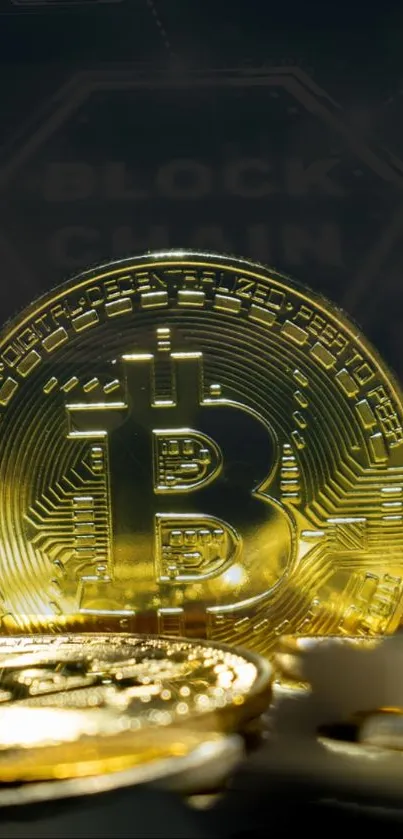 Close-up of shiny golden Bitcoin coins on a dark blockchain background.