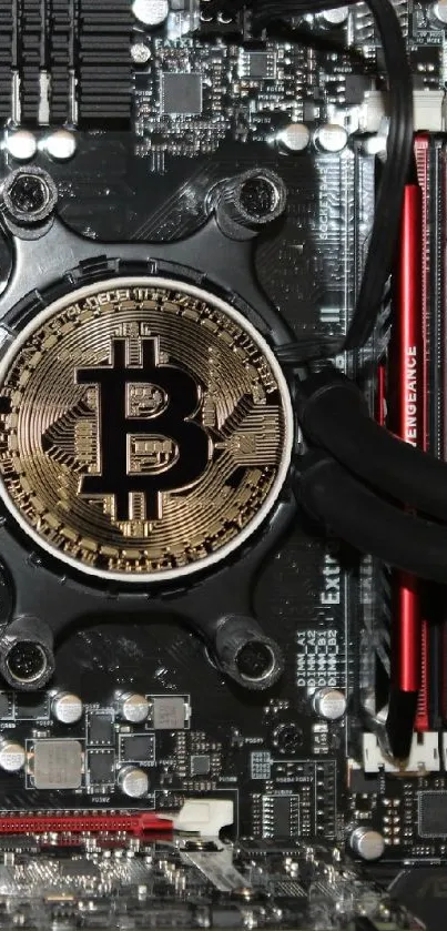 Bitcoin logo on a circuit board with red detailing.