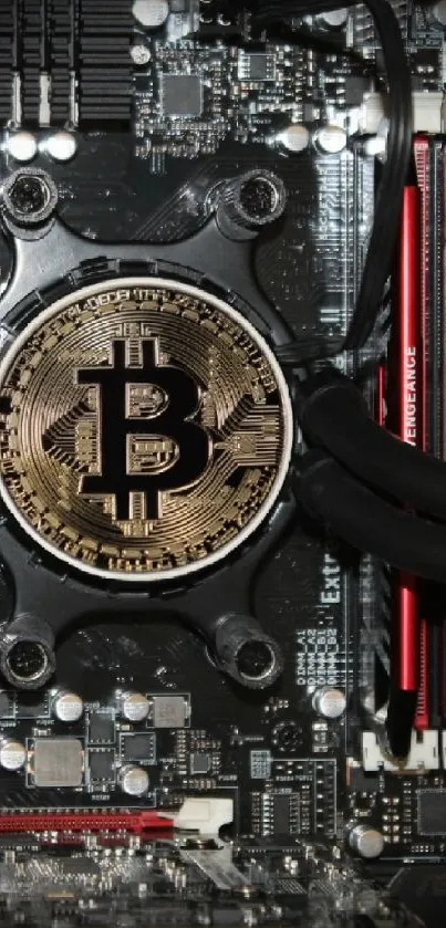 Bitcoin emblem on circuit board with detailed electronic components.