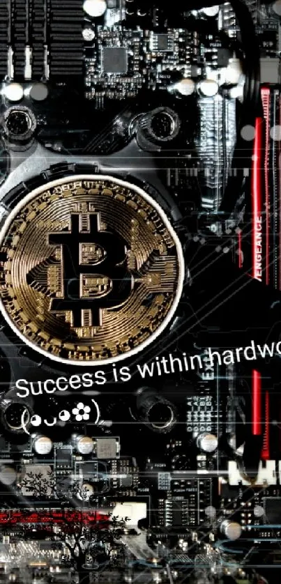 Bitcoin symbol on black circuit board with motivational text.