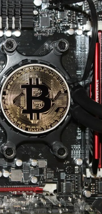 Bitcoin-themed circuit board wallpaper with black and red design.
