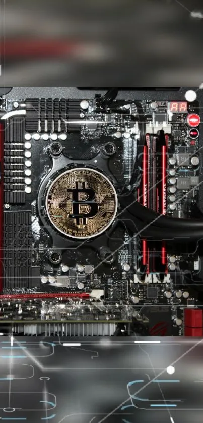 Bitcoin circuit board wallpaper with a cryptocurrency theme.