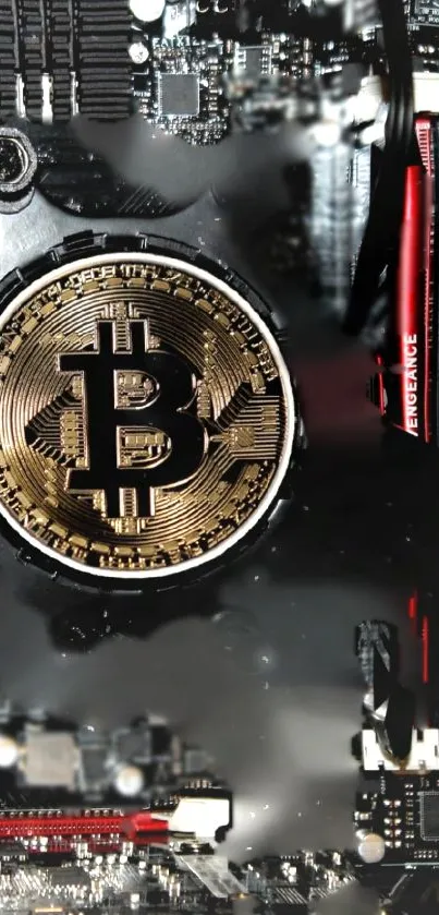 Bitcoin emblem on circuit board background, perfect for tech enthusiasts.