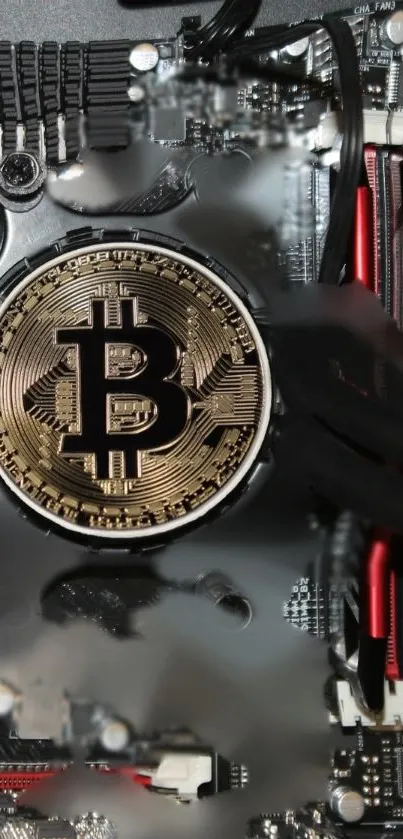 Bitcoin logo on circuit board wallpaper.