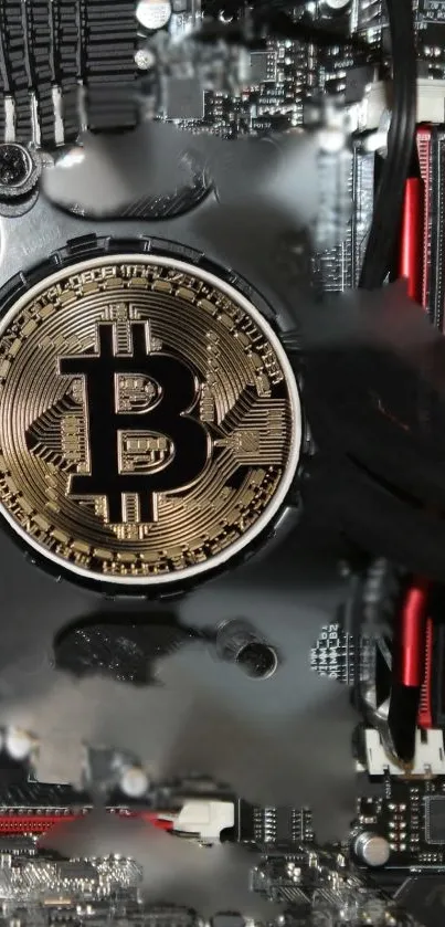 Bitcoin on circuit board wallpaper with golden highlights.