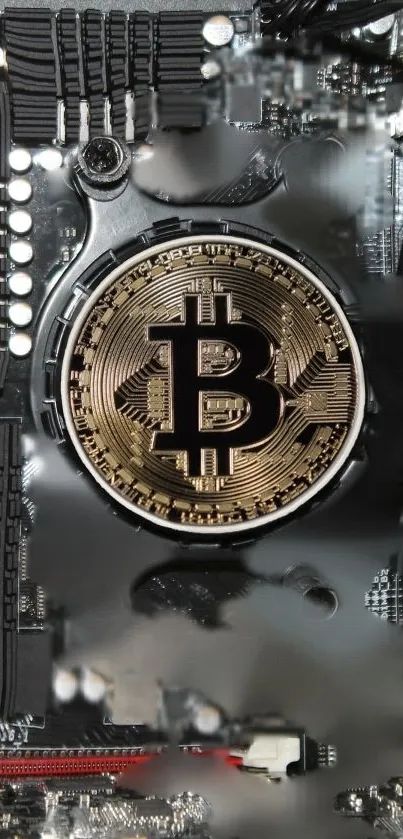 Bitcoin coin on a circuit board wallpaper, showcasing crypto technology.