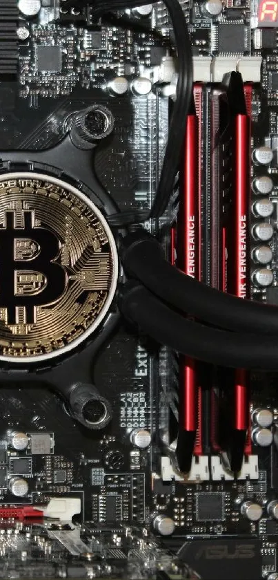 Close-up of a circuit board featuring a Bitcoin emblem, blending tech and currency.