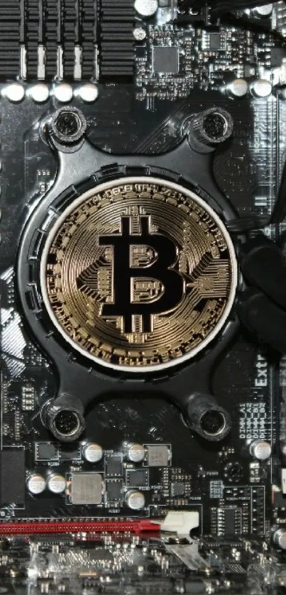 Bitcoin logo on a detailed circuit board.