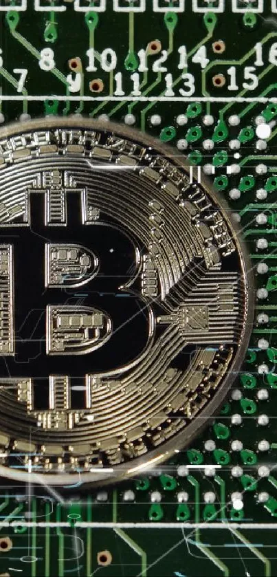 Bitcoin logo on a green circuit board wallpaper.