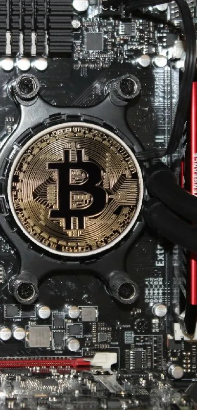 Bitcoin symbol on a detailed circuit board wallpaper in black and red hues.
