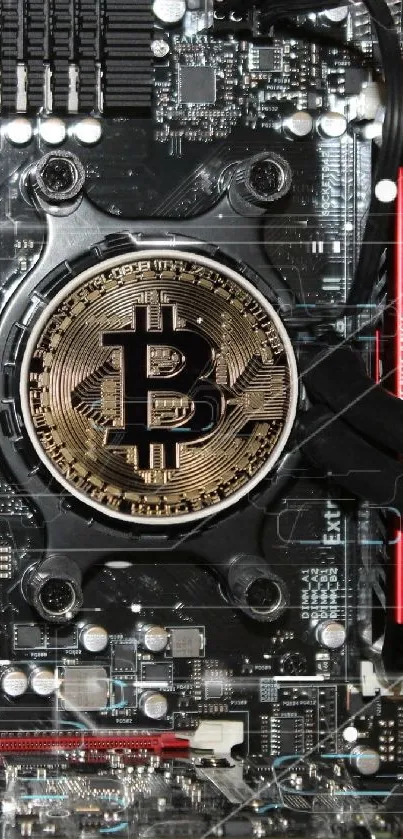 Bitcoin-themed circuit board wallpaper with intricate hardware details.