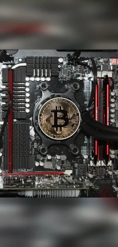 Bitcoin on a detailed circuit board mobile wallpaper.