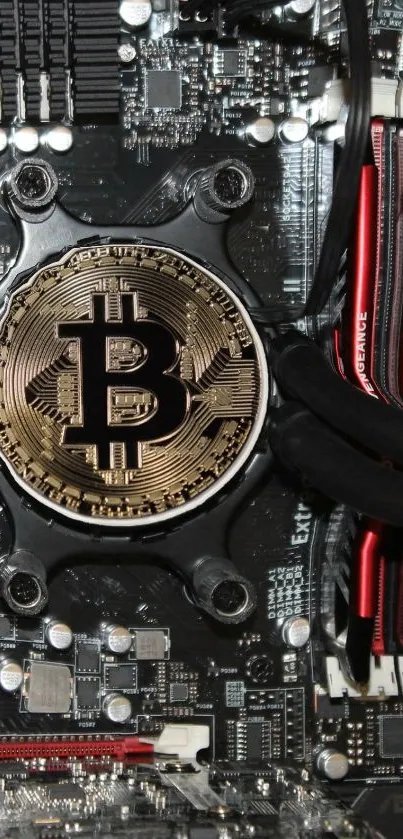 Bitcoin symbol on electronic circuit board wallpaper.