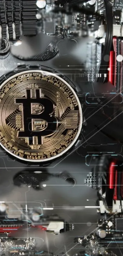 Bitcoin coin on a detailed electronic circuit board wallpaper.