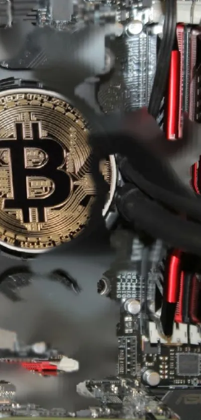 Bitcoin symbol on a tech circuit board wallpaper.