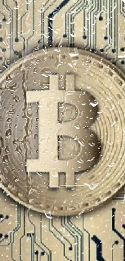 Bitcoin logo on a gold circuit background.