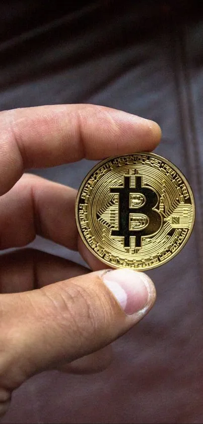 Close-up of a hand holding a Bitcoin coin highlighting its detailed design.