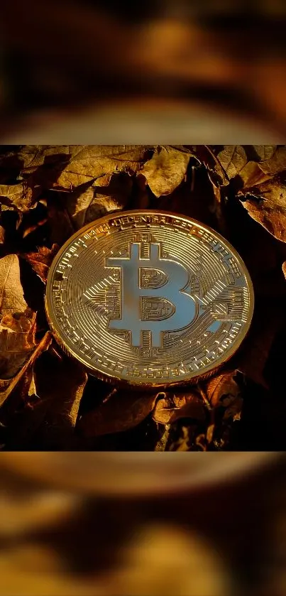 Golden Bitcoin coin resting on autumn leaves.