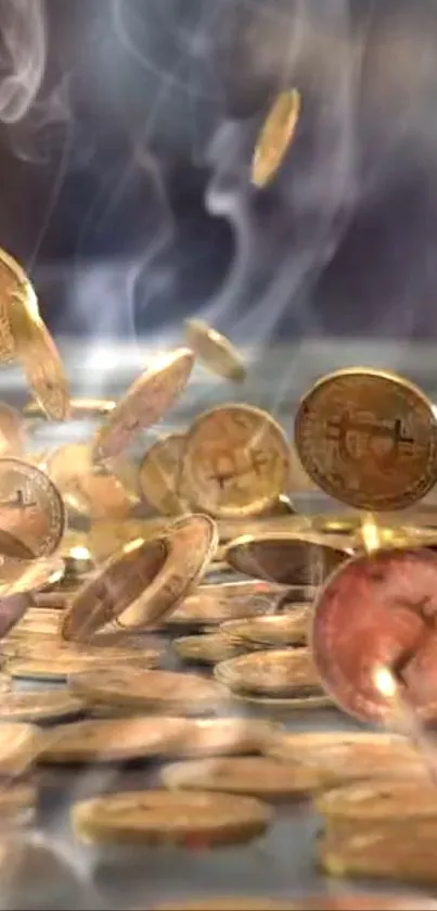 Flying golden cryptocurrency coins with a smoky background.