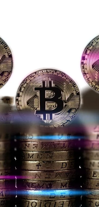 Golden Bitcoin coins with digital blur effect on mobile phone wallpaper.