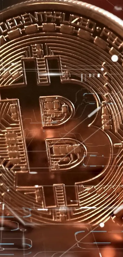 Bitcoin symbol on a digital network styled background with a copper color scheme.