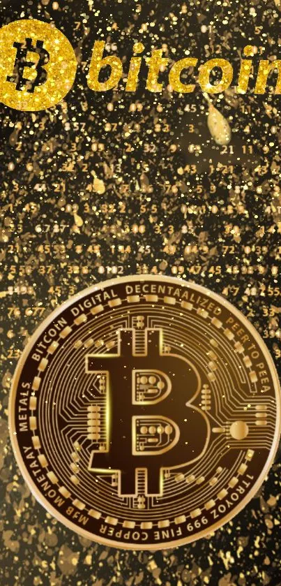 Bitcoin symbol on gold glitter background, perfect for cryptocurrency fans.