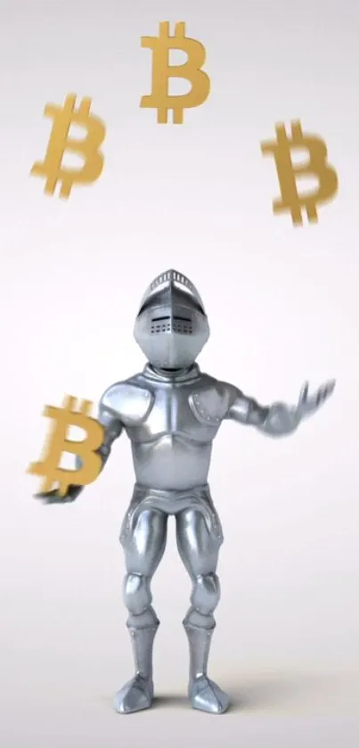 Knight in armor juggling Bitcoin symbols on a minimalist background.