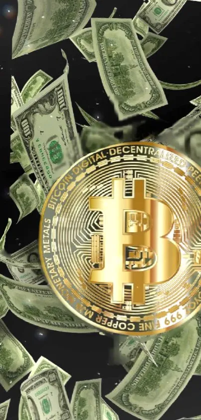 Golden Bitcoin surrounded by flying dollar bills on a black background.