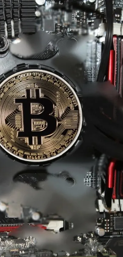 Bitcoin symbol on circuit board wallpaper with red accents.