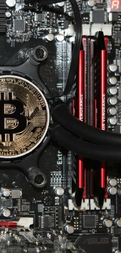 Bitcoin symbol on a motherboard, tech-themed wallpaper.