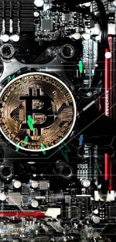 High-tech circuit board with central Bitcoin emblem for mobile wallpaper.