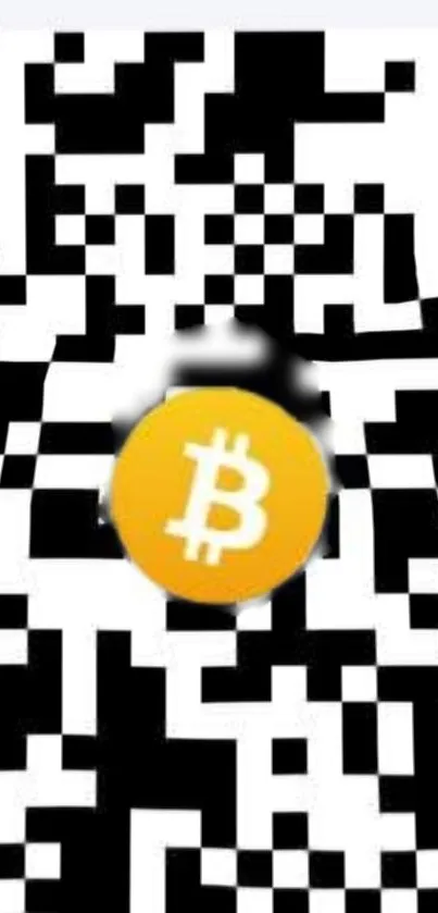 Bitcoin logo on black and white QR code background.